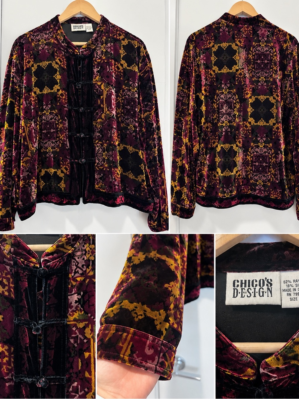 Chico's Velvet Patterned Blazer in Burgundy, Gold & Black